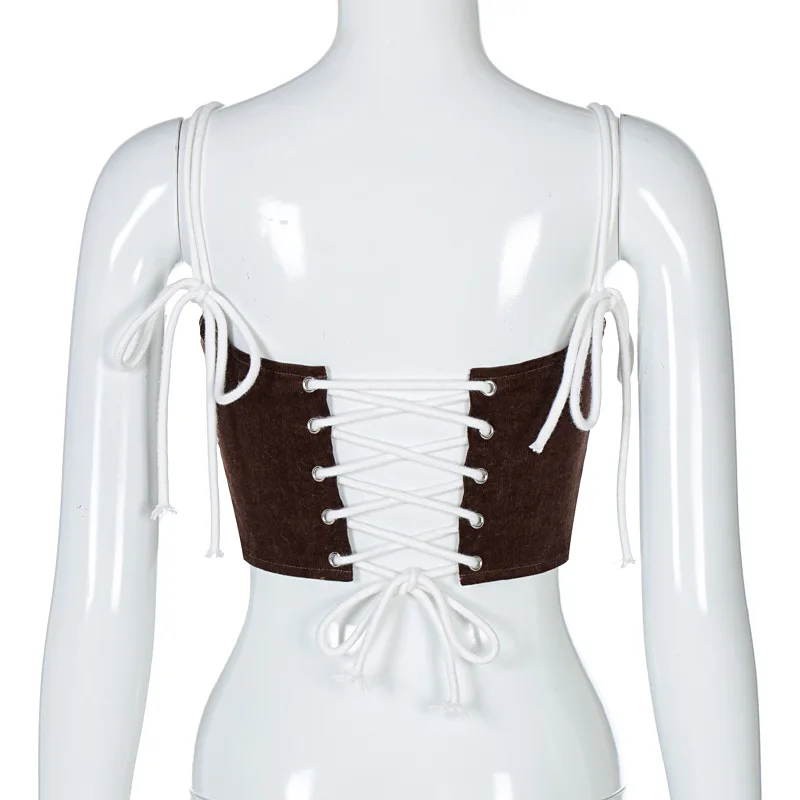 

2021 New Y2k Clothes Crop Top Women Brown Corduroy Cartoon Letter 2000s Aesthetic Corset Top with Straps Sexy Tanks