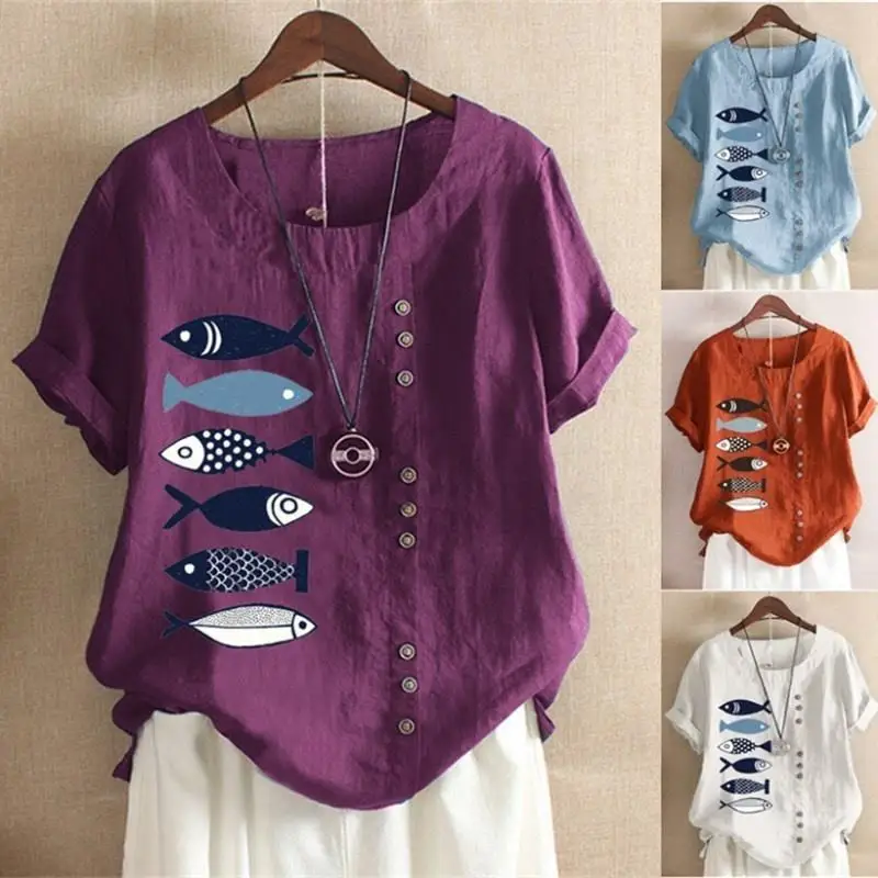 

Женская Повседневная футболка с коротким рукавом и принтом в виде рыбьей пуговицы, белые топы, 2021