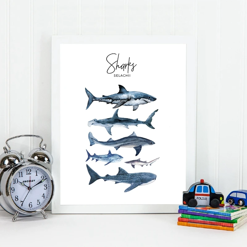 Постер с изображением акул Настенный декор для детской комнаты Картина на холсте