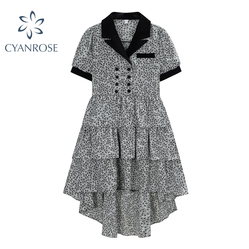 Chic French Vintage Dress For Women Suit Collar Short Sleeve Double-Breasted Irregular Floral Cake Female Summer 2021 New | Женская