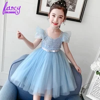 fancy childhood fluffy sequin sleeveless flower girl dress for weddings kids party gowns pink blue tulle birthday party dress