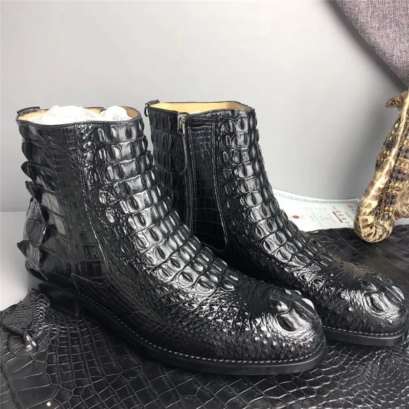 Мужские Черные ботильоны ручной работы из натуральной крокодиловой кожи; Goodyear; Мужская зимняя обувь на молнии из натуральной кожи аллигатора
