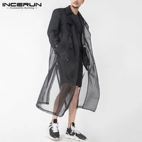 fashion double breasted outerwear thin see through streetwear coats incerun mens mesh trench long sleeve lapel long jackets 5xl