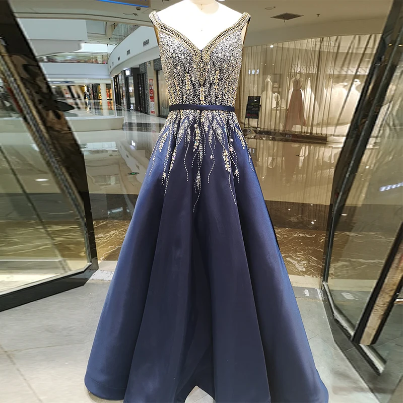 SSYFashion Новое высококачественное роскошное вечернее платье, для банкета благородное темно-синее с v-образным вырезом и блестками, Бисероплетение длинное вечернее платье Vestido De Noche