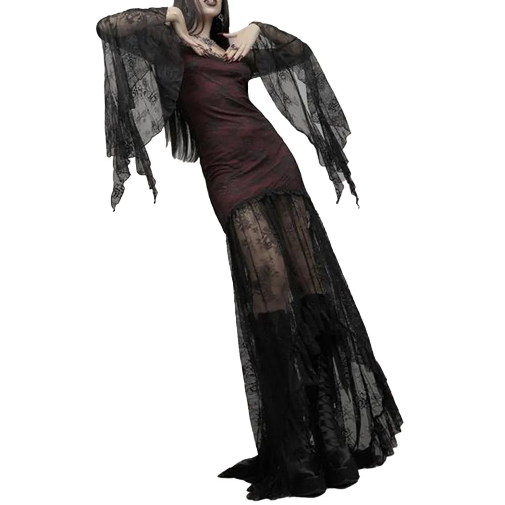 

Gothic Women's Dress Spring Summer Fashion Hipster Designer Creative Lace Splicing Sexy Perspective V-neck Flared Sleeves 2021