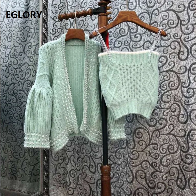 2020 Autumn Winter Fashion Cardigan Jackets Women High Quality Mohair Knitting Lace Color Block Casual Green Cardigan Outwears
