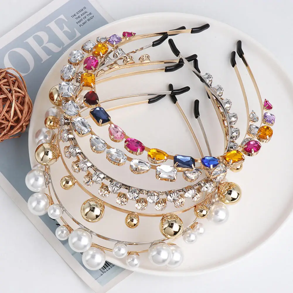 

Плетеные повязки ручной работы Красочные Имитация жемчужины, горный хрусталь для волос летние пляжные повязки для волос аксессуары для вол...