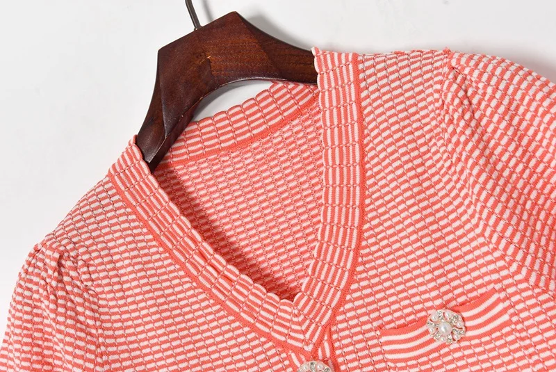 

Knitting Slim Female Dress V neck Short Sleeve Single Breasted Slim Straight Striped Dress Women 2021 Summer New Korean Clothes