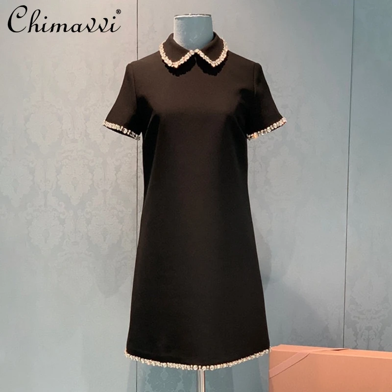 

2021 Summer New Black Dress Women's High-end Beads Rhinestone Luxury A- Line Dress Stylish Loose Short Sleeve Dress Feminine