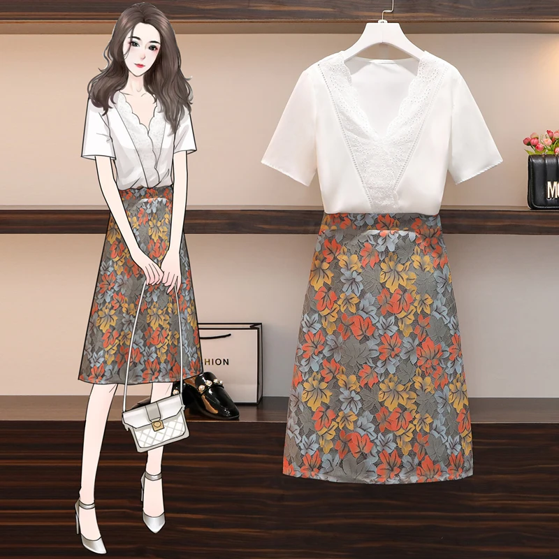 

Plus-size women's 2021 summer dress, the new fat sister looks thin and western, two-piece suit for age reduction and abdomen