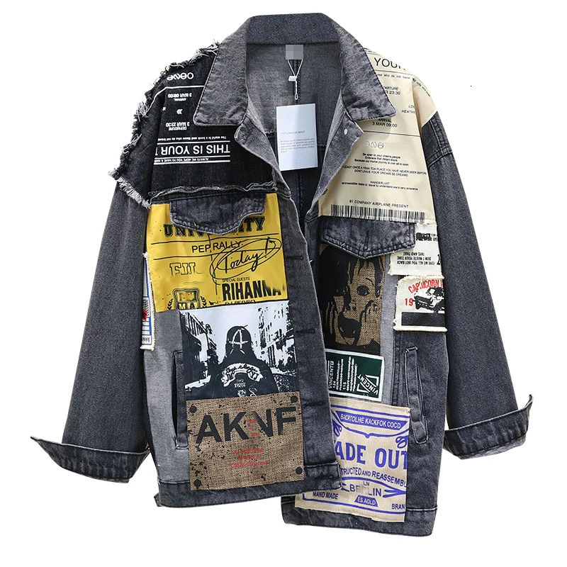 

Vintage Full Sleeve Appliques Newspaper Pattern Large Size Black Denim Jacket Leisure Trend Coat 2021 Autumn New