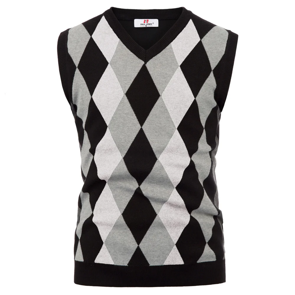 

PJ Men Sweater Vintage V-Neck Knitted Tank Tops Sleeveless Sweater Plaid Checks male Knitwear British Style