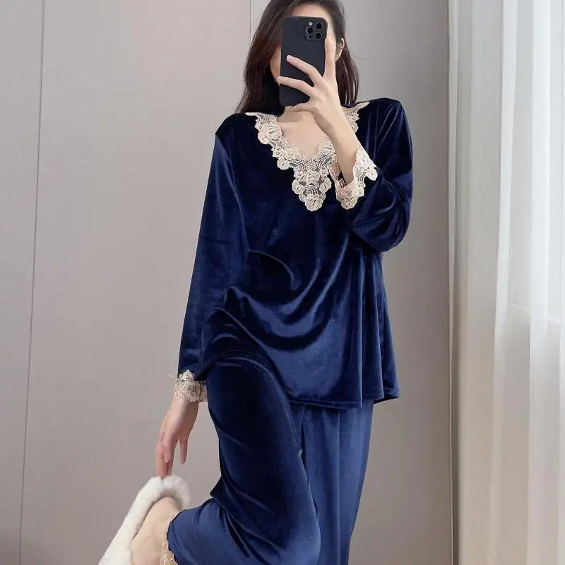 

Autumn New Velour 2PCS Pajamas Suit Long Sleeve Women Home Clothing Intimate Lingerie Casual Nightwear Patchwork Lace Pyjamas