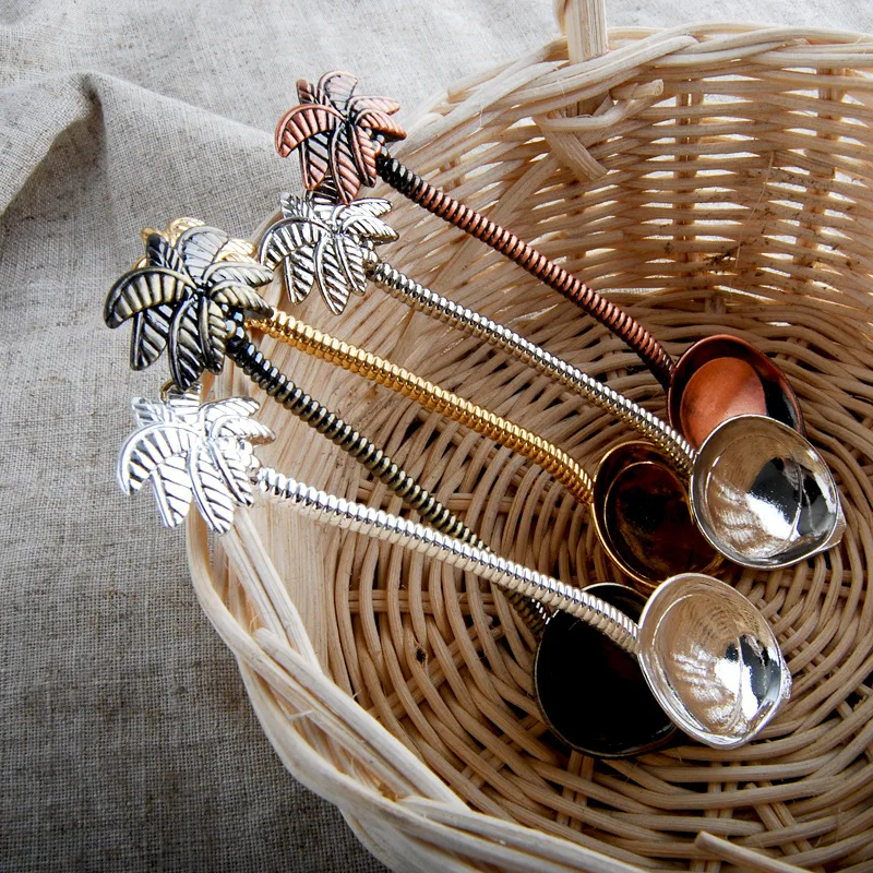 Винтаж Стиль кокосовой пальмы чайная кофейная ложка для мороженого цинковый