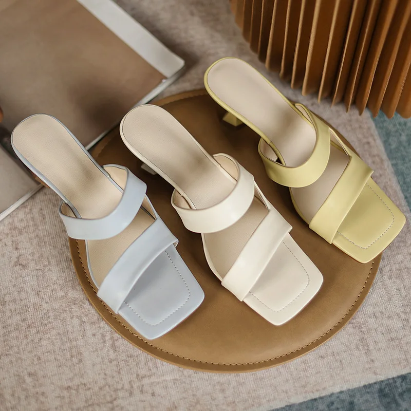 

Shoes Square heel Ladies' Slippers Peep Toe Slipers Women Low Block 2021 PU Rubber Fabric Basic Retro Slides Rome Hoof Heels