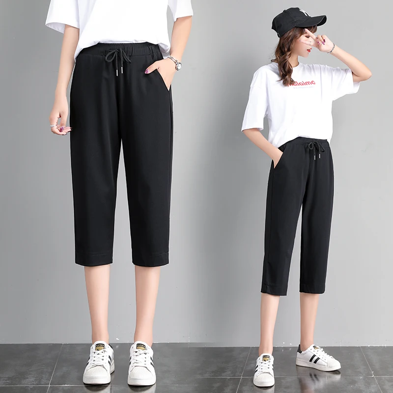 

Новинка, дешевые полные женские летние свободные спортивные брюки, женские повседневные Стрейчевые зауженные брюки длиной до икры