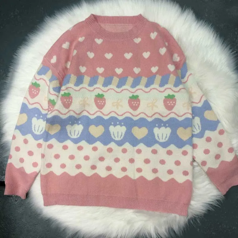 

Japanese Kawaii Knitting Sweater Women New Autumn Winter Vintage Pink Knitting Top Cute Strawberry Printing Long Sleeve Pullover