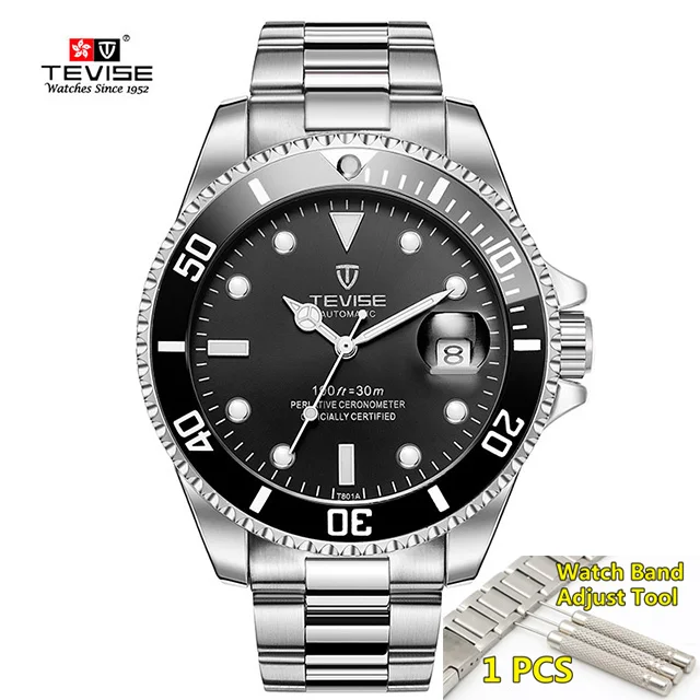Tevise Top Brand Luxury Men Mechanical Watches Automatic waterproof Stainless Steel Men Wristwatches Relogio Masculino - Цвет: 1-black-silver