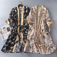 spring men and women bathrobe three quarter silk robe home clothing satin print kimono robes long sleep wear dressing gown