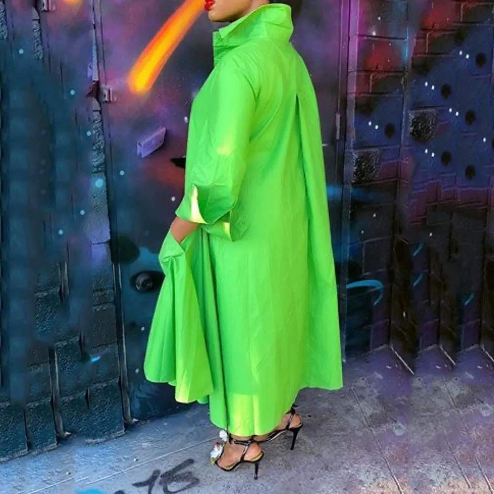 Женское длинное платье рубашка с оборками зеленое свободное Повседневное