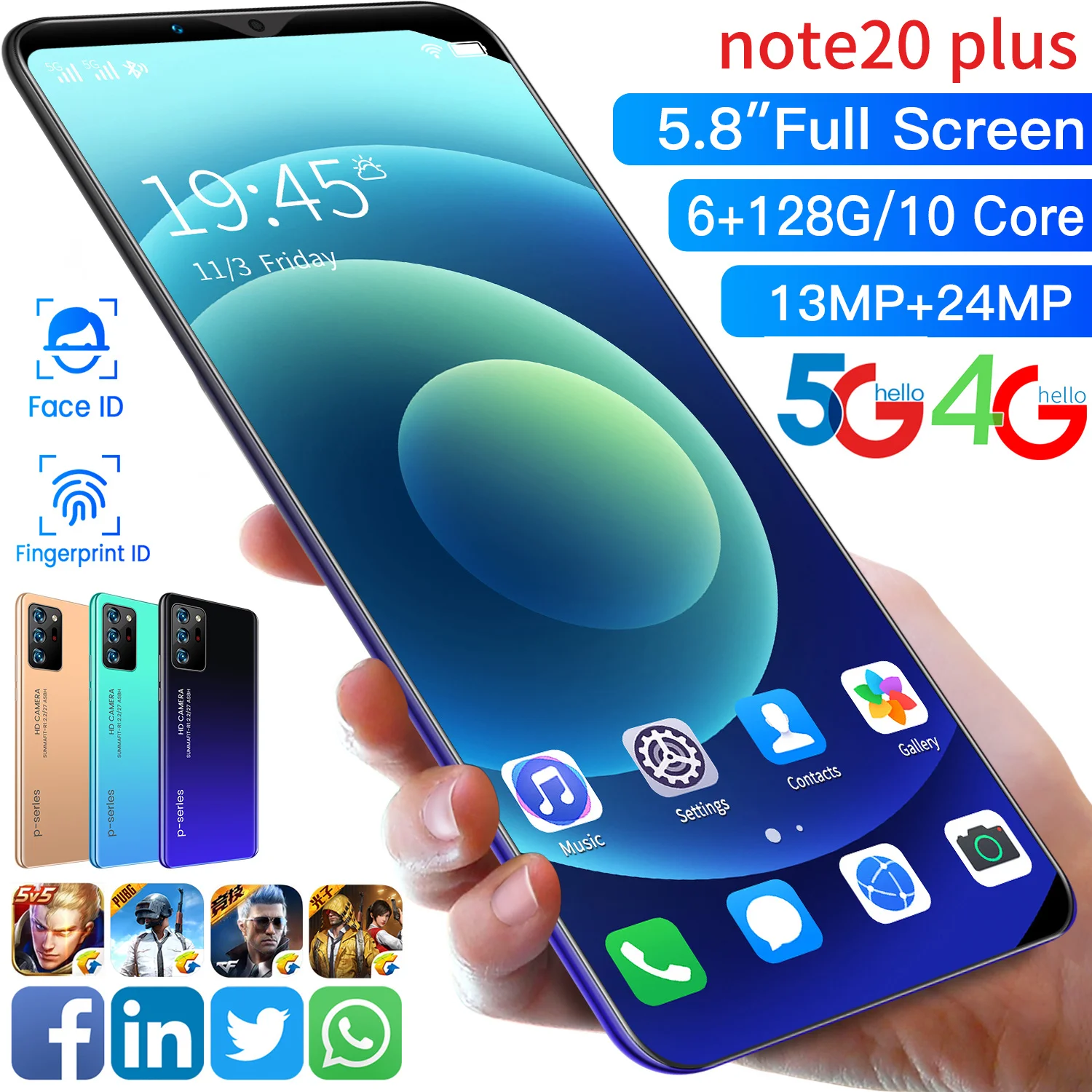 

Note20 Plus Global Version 5.8 Inch 6+128GB 10 Core 13+24MP Smartphone Face Fingerprint Unlock Andriod 10 Cell Phone MTK6799
