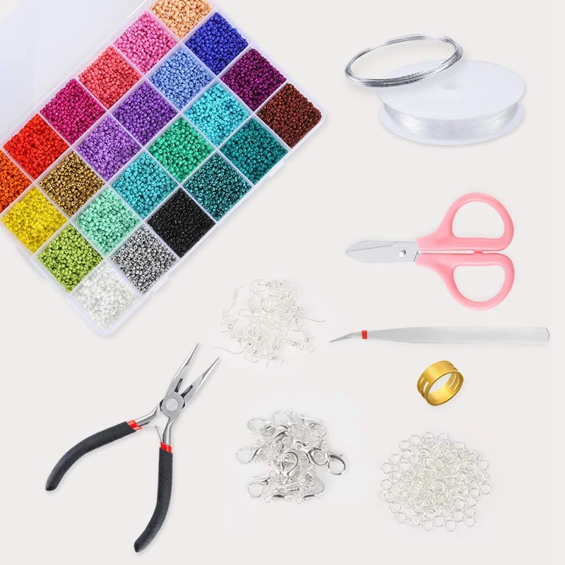 

Beads Kit, 24 Assorted Colors Craft Seed Beads with Organizer Box and Other Tools for Jewelry Making, Beading Crafting(2mm x 1mm