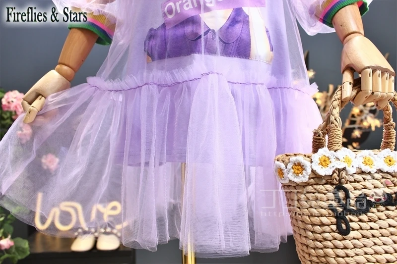 Summer girls dress baby kids streetwear Children vestidos Europe girl puff sleeve mesh cape rainbow rib 4 to 14 yrs | Детская одежда и