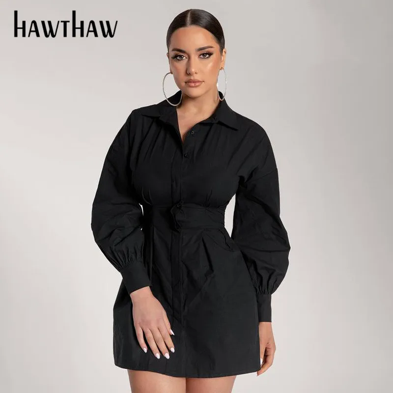 Женское короткое офисное платье Hawthaw однотонное осеннее мини с отложным