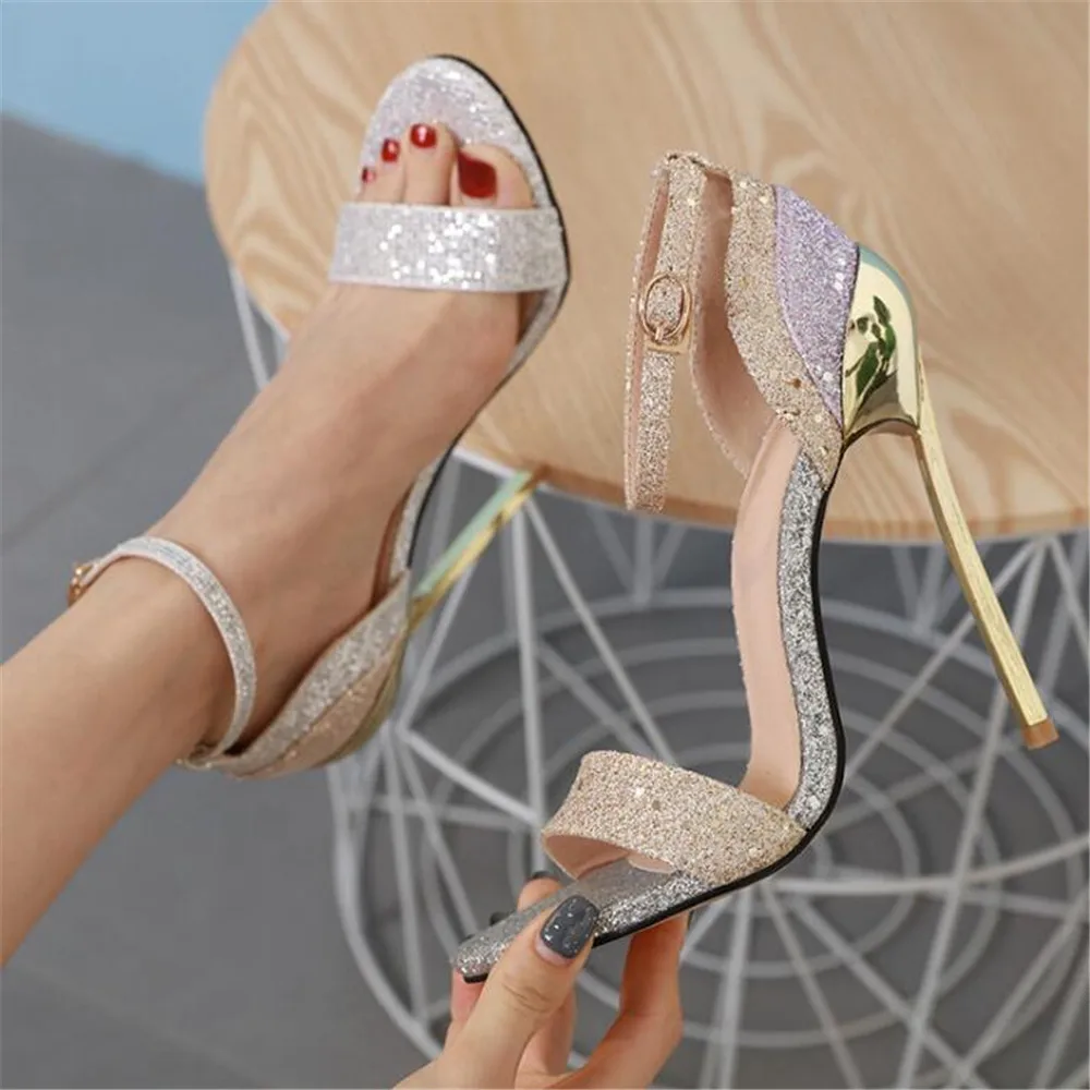 

Women 14 CM High Heels Sandals Female Summer Sexy Shine Buckle Strap Pumps Peep Toe Cover Heel OL Office & Career Dress Shoes 42