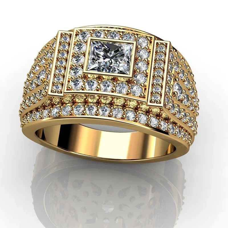 

Luxury Men's Shiny Gold Plated Color Inlaid Sparkling Crystal Rhinestone Cubic Zircon Metal Ring for Party Jewelry Size 6-13