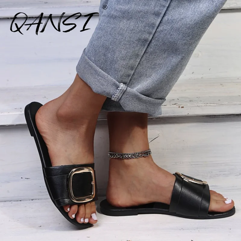 

Flat Leopard Slides Women's Slippers Casual Round Toe Outside Simple Beach Slippers Fashion Square Metal Buckle Woman Slippers