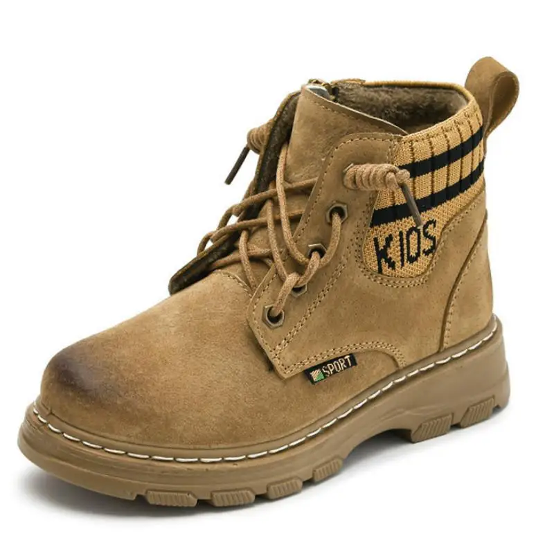 Новинка; Ботинки martin для мальчиков; детская зимняя обувь в западном стиле; ботильоны из натуральной кожи; плюшевые теплые модные водонепроницаемые детские зимние ботинки - Цвет: Khaki