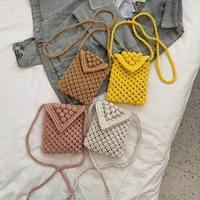 casual cotton thread mini phone bag ladies hand woven shoulder bags solid color hollow crossbody bags ladies mini lipstick purse