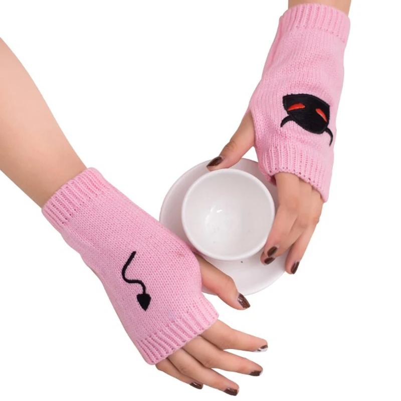 

Women Winter Warm Short Touch Screen Cycling Driving Gloves Unisex Devil Tail Embroidered Gloves Wool Knit Mittens