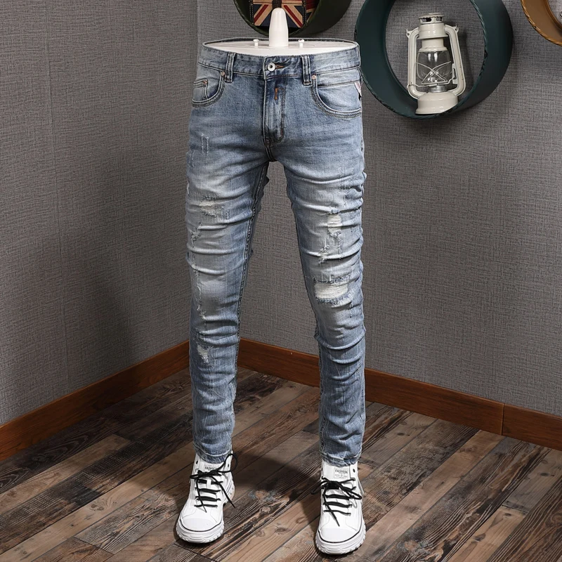 Fashion Ripped Light Blue Jeans Men Summer Streetwear Casual Cotton Slim Fit Stretch Denim Pants