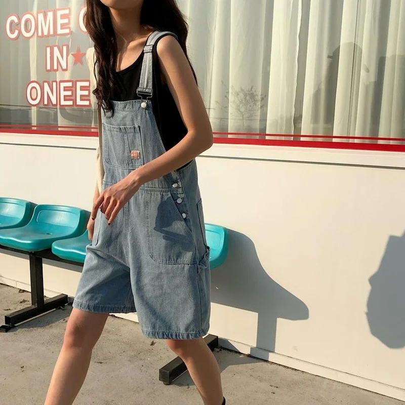 

Women Rompers Blue Denim Overalls High Waist Distressed Loose Wide Leg Knee-length Students All-match Vintage Playsuits Chic New