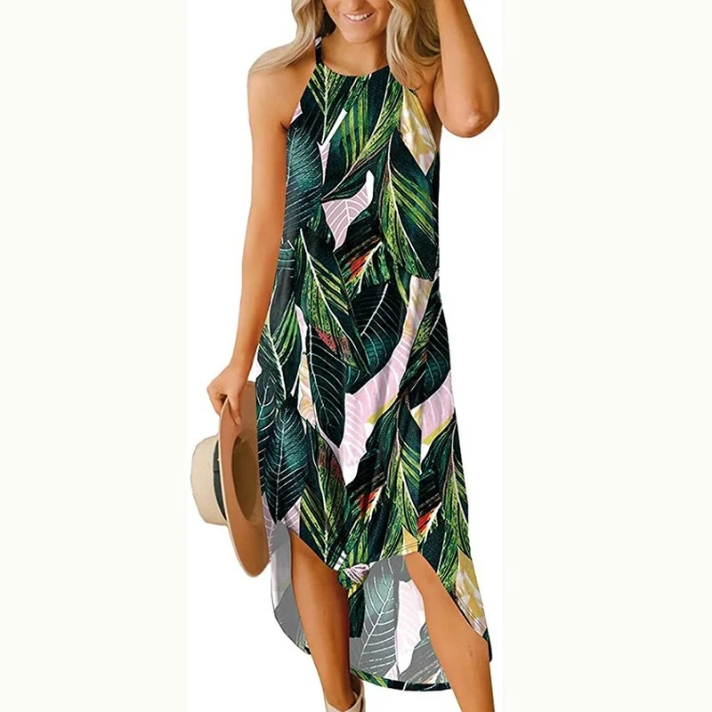 

Summer Split Fork Women Beach Dress Independence Day Strap Dress Long Round Neck Print Sexy Dresses Female Plus Size 2021 New