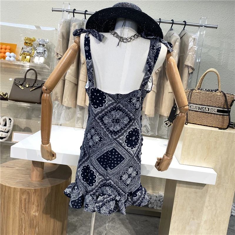 

Retro Pleated Slim Sling Ruffled Dress for Women 2021 Summer Lace Up Sleeveless Seaside Vacation Dress Female High Street Dress