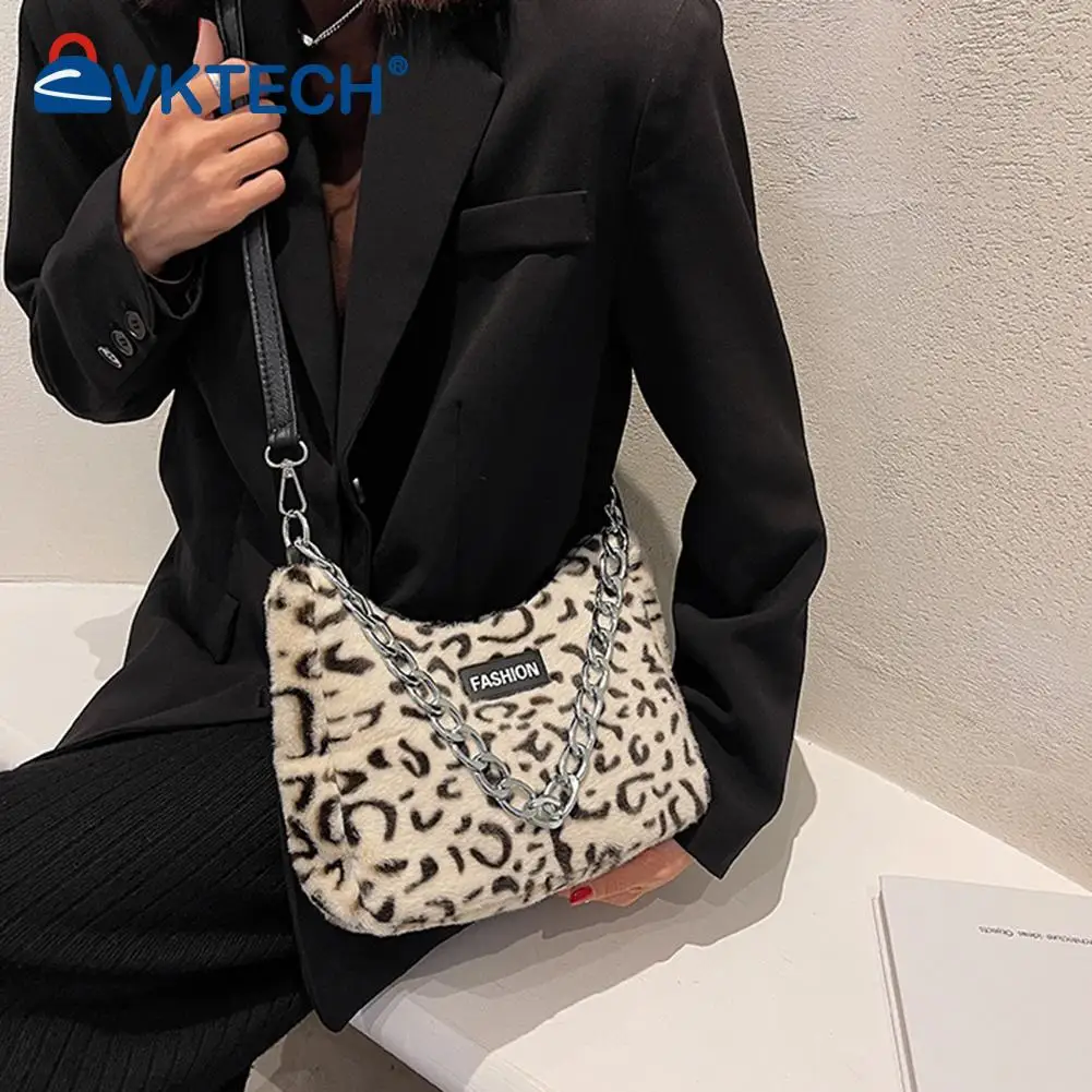 

Women Winter Plush Shoulder Bag Casual Leopard Print Large Chain Business Autumn Winter Messenger Bags for Women
