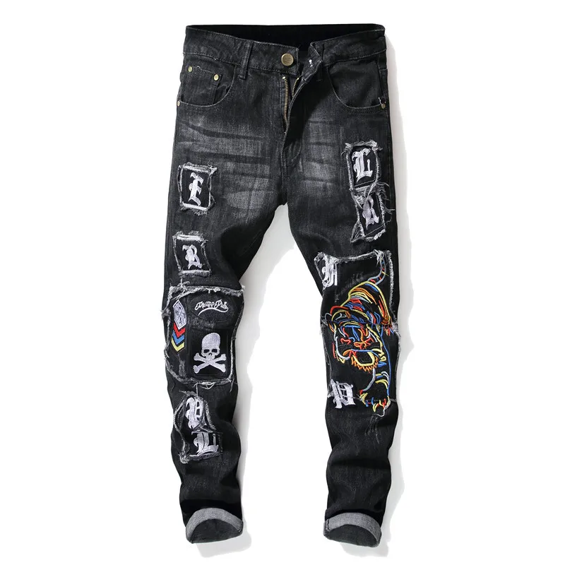 

Colorful Tiger Embroidered Jeans Fashion Applique Frayed Skull Badge Decoration Men's Slim-fit Ripped Straight Jeans