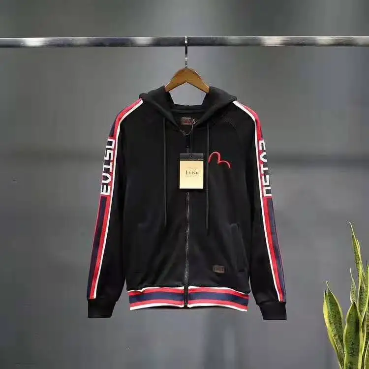 Осень, Evisu, Мужской Повседневный свитер на молнии с капюшоном, теплый, дышащий, модный, с длинным рукавом, для мужчин и женщин, для влюбленных, куртка, Тренч - Цвет: Черный