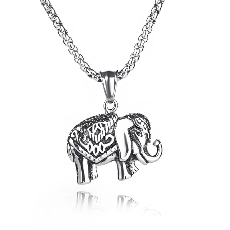 

Thai Elephant Pendant Necklace Fashion Vintage Antique Silver Color Big Elephant Necklace Long Chain Metal Chain Necklace