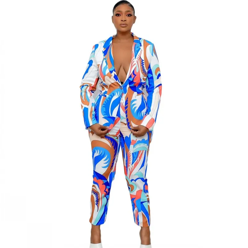 

Spring Women Print Long Sleeve Blazer Jacket Casual Pants Suits Office Lady Elegant Button Black 2 Piece Set OL Business Outfits