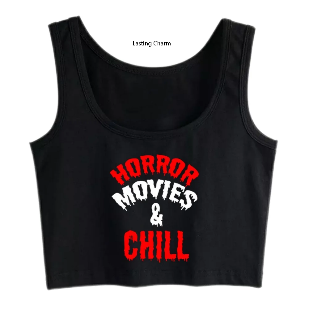 Horror Movies And Chill Inscriptions Print Crop Top Brave girl's top calico print bardot crop top