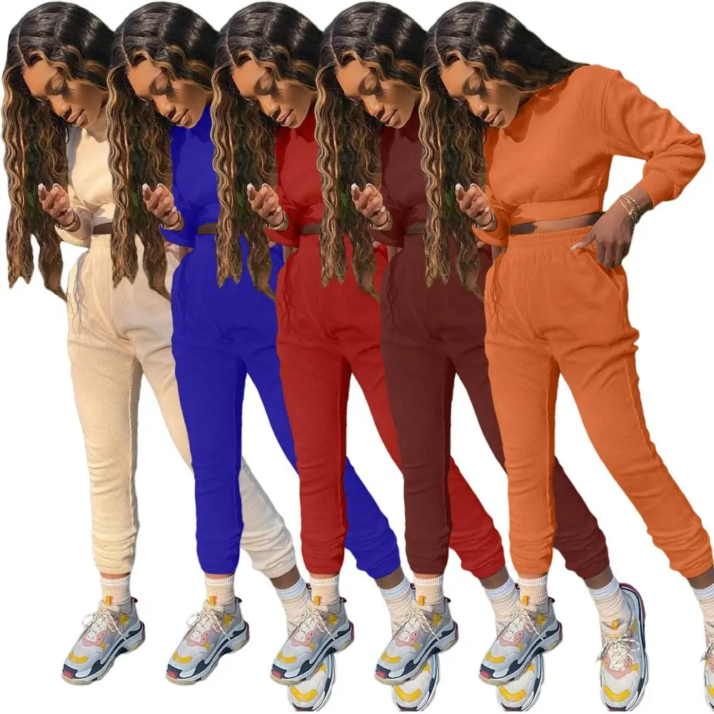 Повседневный Женский комплект вязаный ребристый свитер с круглым вырезом