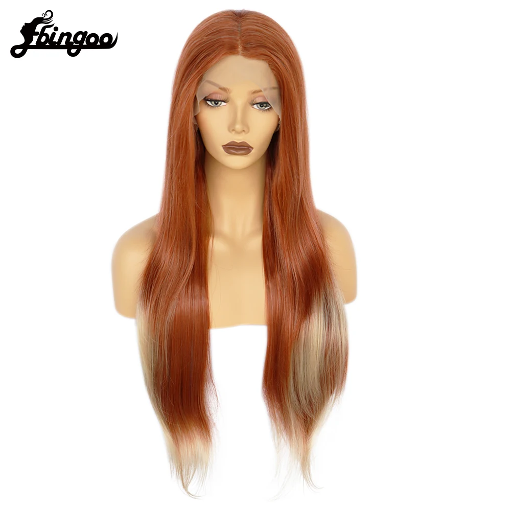 Ebingoo 13x1 Long Natural Wave Orange Blonde Pink White Omber Synthetic Lace Front Wig Middle Part For Women Daily Use