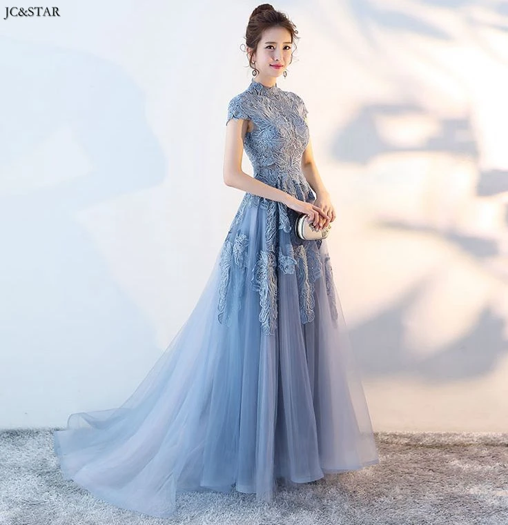 

dusty blue bridesmaid dresses tulle applique high neck short sleeve A Line adult wedding party gowns long robe fille d’ honneur