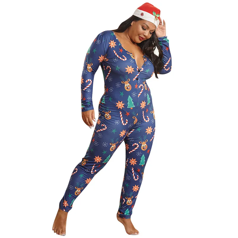 

2020 New Christmas Women Jumpsuits Party Home Wear Deep V-neck Single-breasted Cartoon Printing Long Skinny Rompers Autumn