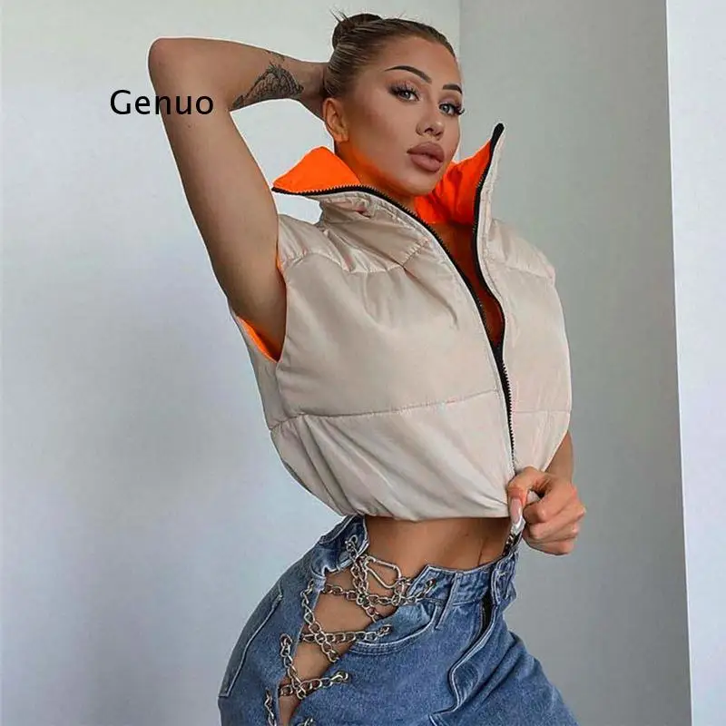 

Early Autumn Jacket Women High Street Puffer Cotton-Padded Zip-Up Reversible Coat Sleeveless Turtleneck Female Streetwear