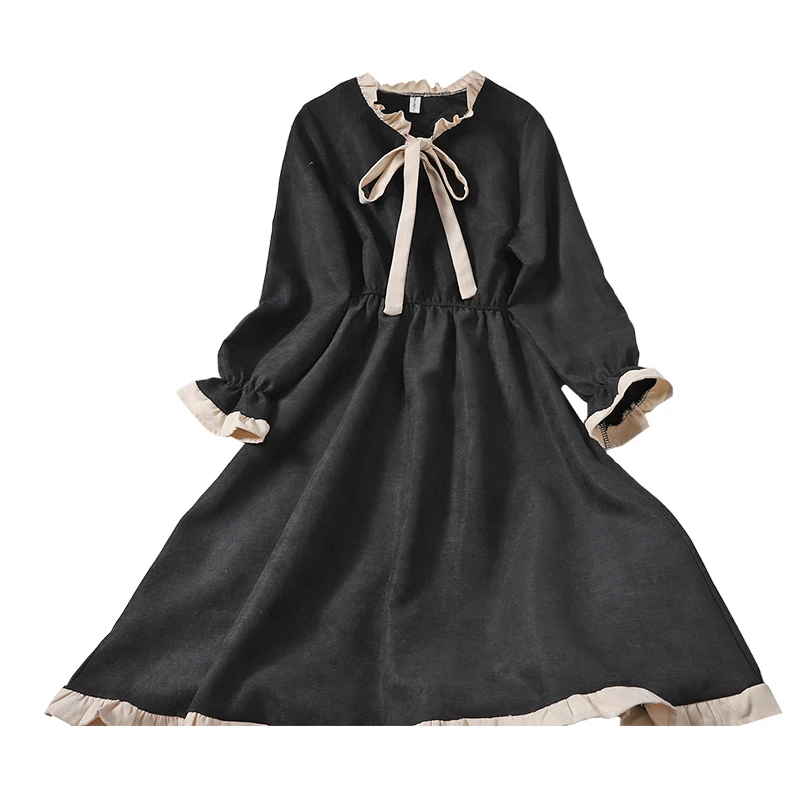 

Ruffles Women Dresses Autumn New Elegant Sweet Style Bow Neck Solid Knee-Length Lady Slim Clothing Top Quality